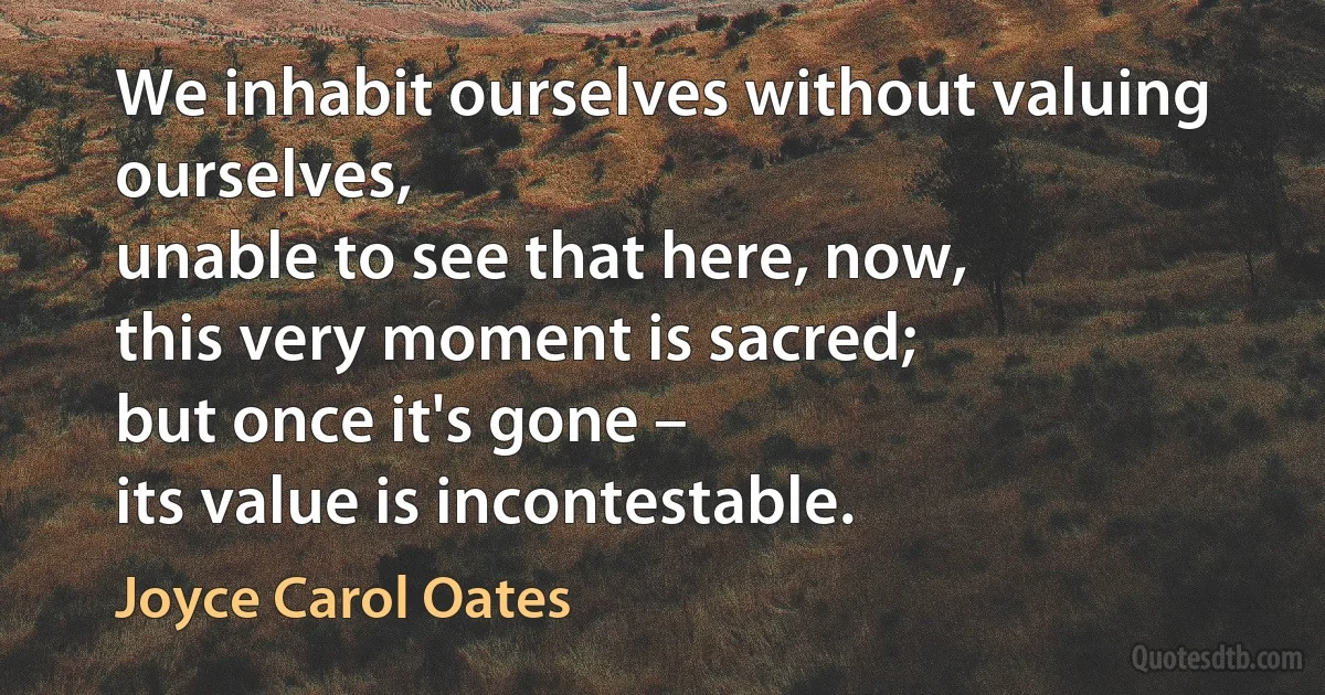 We inhabit ourselves without valuing ourselves,
unable to see that here, now,
this very moment is sacred;
but once it's gone –
its value is incontestable. (Joyce Carol Oates)