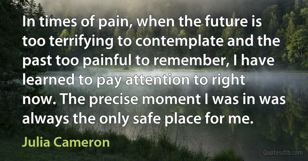 In times of pain, when the future is too terrifying to contemplate and the past too painful to remember, I have learned to pay attention to right now. The precise moment I was in was always the only safe place for me. (Julia Cameron)