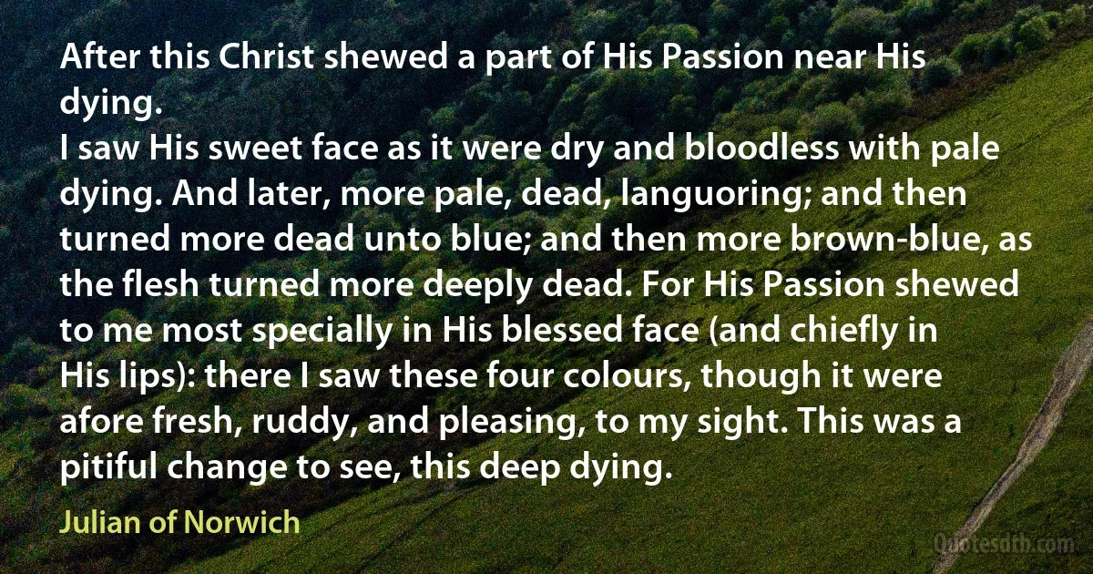 After this Christ shewed a part of His Passion near His dying.
I saw His sweet face as it were dry and bloodless with pale dying. And later, more pale, dead, languoring; and then turned more dead unto blue; and then more brown-blue, as the flesh turned more deeply dead. For His Passion shewed to me most specially in His blessed face (and chiefly in His lips): there I saw these four colours, though it were afore fresh, ruddy, and pleasing, to my sight. This was a pitiful change to see, this deep dying. (Julian of Norwich)