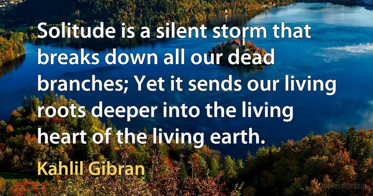 Solitude is a silent storm that breaks down all our dead branches; Yet it sends our living roots deeper into the living heart of the living earth. (Kahlil Gibran)