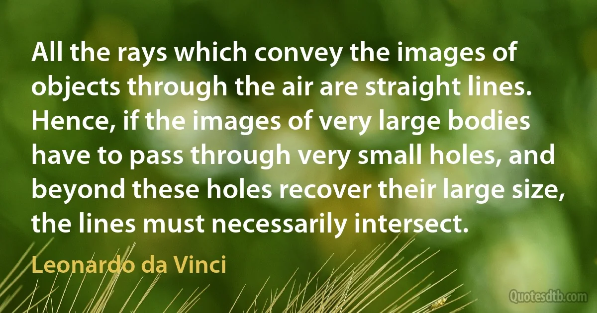 All the rays which convey the images of objects through the air are straight lines. Hence, if the images of very large bodies have to pass through very small holes, and beyond these holes recover their large size, the lines must necessarily intersect. (Leonardo da Vinci)