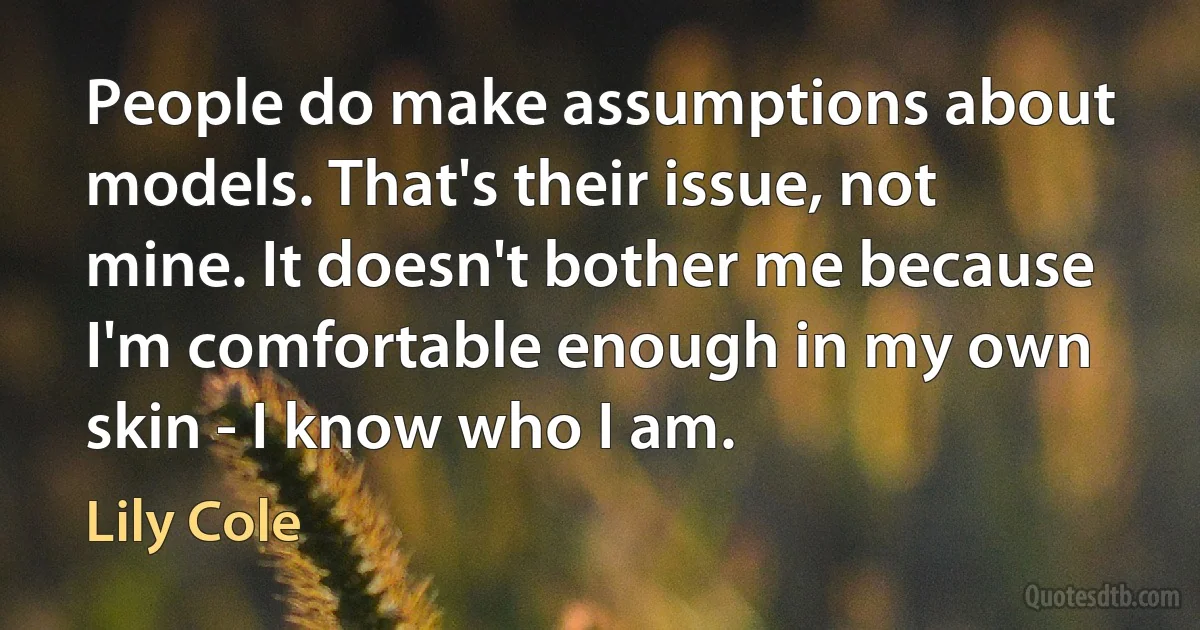 People do make assumptions about models. That's their issue, not mine. It doesn't bother me because I'm comfortable enough in my own skin - I know who I am. (Lily Cole)