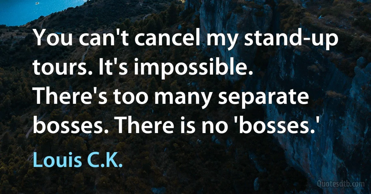 You can't cancel my stand-up tours. It's impossible. There's too many separate bosses. There is no 'bosses.' (Louis C.K.)