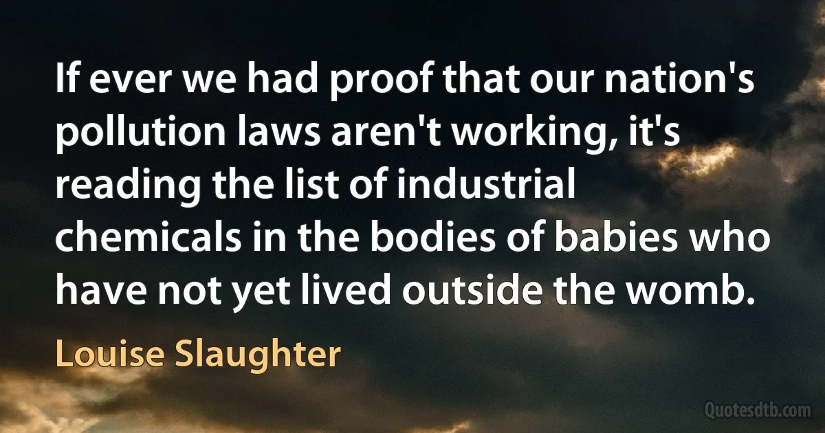 If ever we had proof that our nation's pollution laws aren't working, it's reading the list of industrial chemicals in the bodies of babies who have not yet lived outside the womb. (Louise Slaughter)