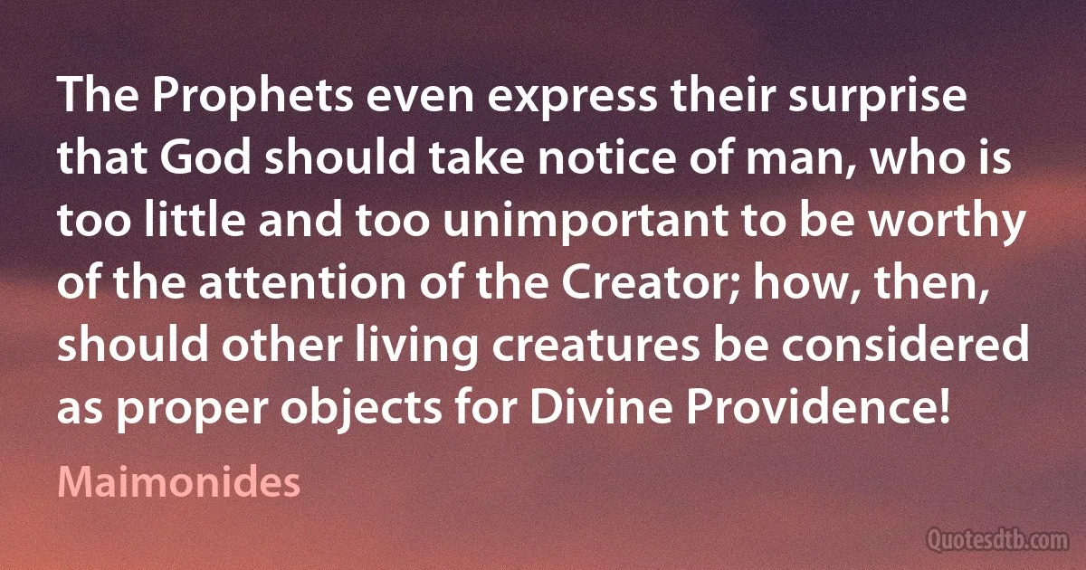 The Prophets even express their surprise that God should take notice of man, who is too little and too unimportant to be worthy of the attention of the Creator; how, then, should other living creatures be considered as proper objects for Divine Providence! (Maimonides)