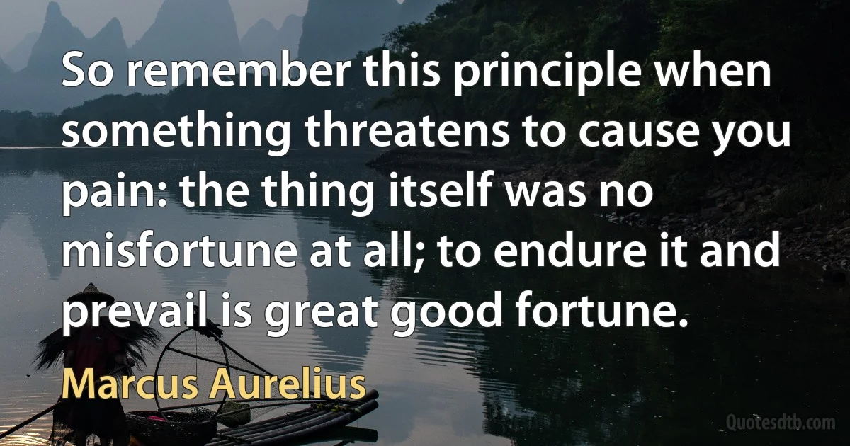 So remember this principle when something threatens to cause you pain: the thing itself was no misfortune at all; to endure it and prevail is great good fortune. (Marcus Aurelius)