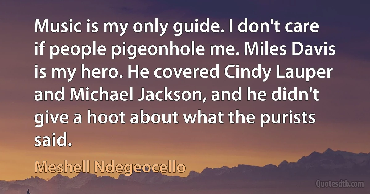 Music is my only guide. I don't care if people pigeonhole me. Miles Davis is my hero. He covered Cindy Lauper and Michael Jackson, and he didn't give a hoot about what the purists said. (Meshell Ndegeocello)