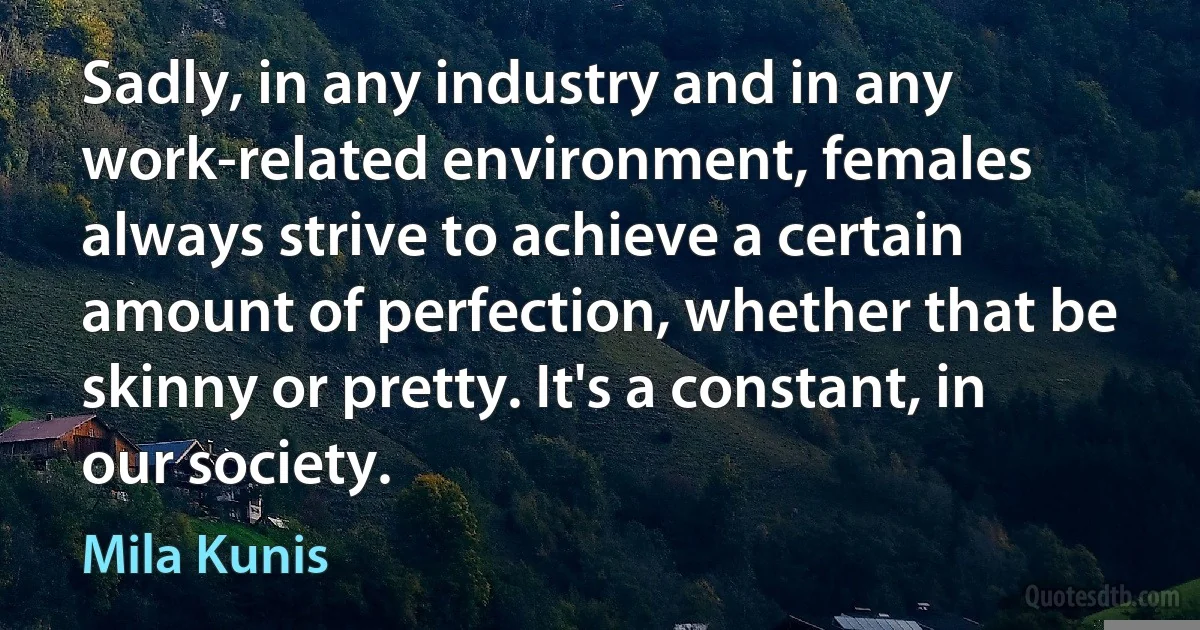 Sadly, in any industry and in any work-related environment, females always strive to achieve a certain amount of perfection, whether that be skinny or pretty. It's a constant, in our society. (Mila Kunis)