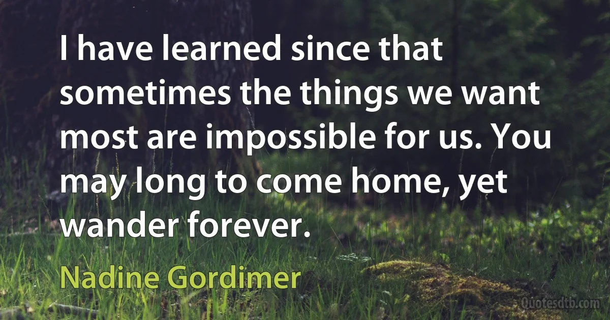 I have learned since that sometimes the things we want most are impossible for us. You may long to come home, yet wander forever. (Nadine Gordimer)