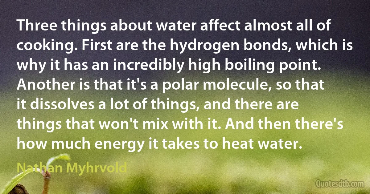 Three things about water affect almost all of cooking. First are the hydrogen bonds, which is why it has an incredibly high boiling point. Another is that it's a polar molecule, so that it dissolves a lot of things, and there are things that won't mix with it. And then there's how much energy it takes to heat water. (Nathan Myhrvold)