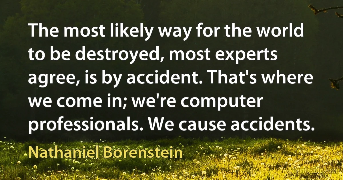 The most likely way for the world to be destroyed, most experts agree, is by accident. That's where we come in; we're computer professionals. We cause accidents. (Nathaniel Borenstein)