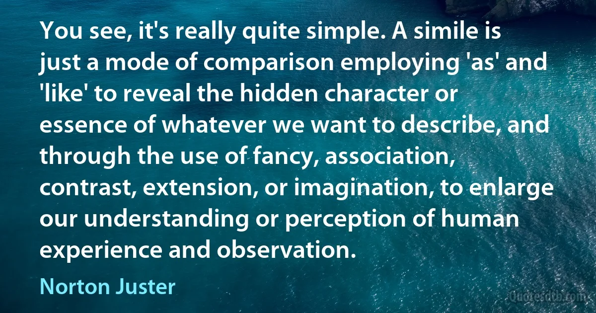 You see, it's really quite simple. A simile is just a mode of comparison employing 'as' and 'like' to reveal the hidden character or essence of whatever we want to describe, and through the use of fancy, association, contrast, extension, or imagination, to enlarge our understanding or perception of human experience and observation. (Norton Juster)