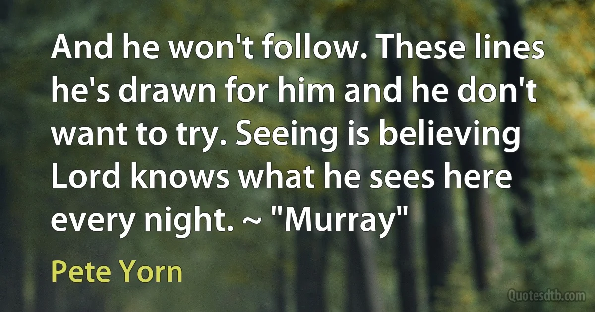 And he won't follow. These lines he's drawn for him and he don't want to try. Seeing is believing Lord knows what he sees here every night. ~ "Murray" (Pete Yorn)