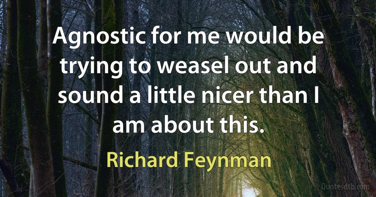 Agnostic for me would be trying to weasel out and sound a little nicer than I am about this. (Richard Feynman)