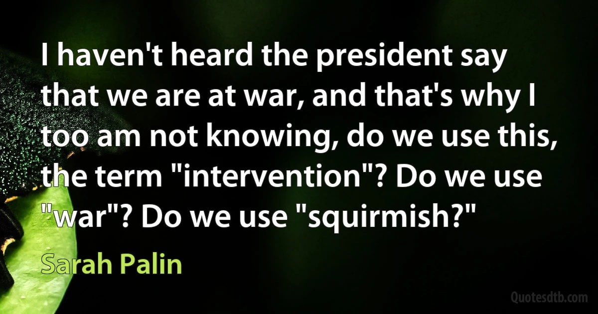 I haven't heard the president say that we are at war, and that's why I too am not knowing, do we use this, the term "intervention"? Do we use "war"? Do we use "squirmish?" (Sarah Palin)