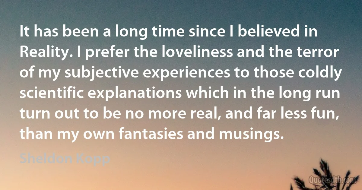 It has been a long time since I believed in Reality. I prefer the loveliness and the terror of my subjective experiences to those coldly scientific explanations which in the long run turn out to be no more real, and far less fun, than my own fantasies and musings. (Sheldon Kopp)