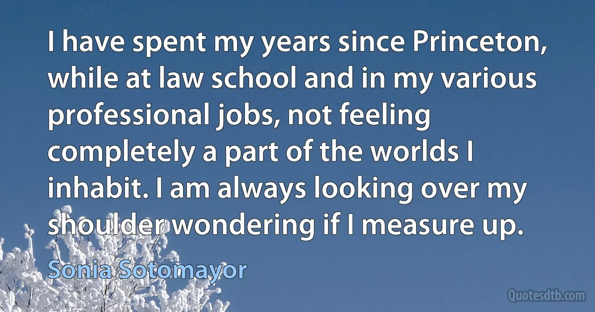 I have spent my years since Princeton, while at law school and in my various professional jobs, not feeling completely a part of the worlds I inhabit. I am always looking over my shoulder wondering if I measure up. (Sonia Sotomayor)