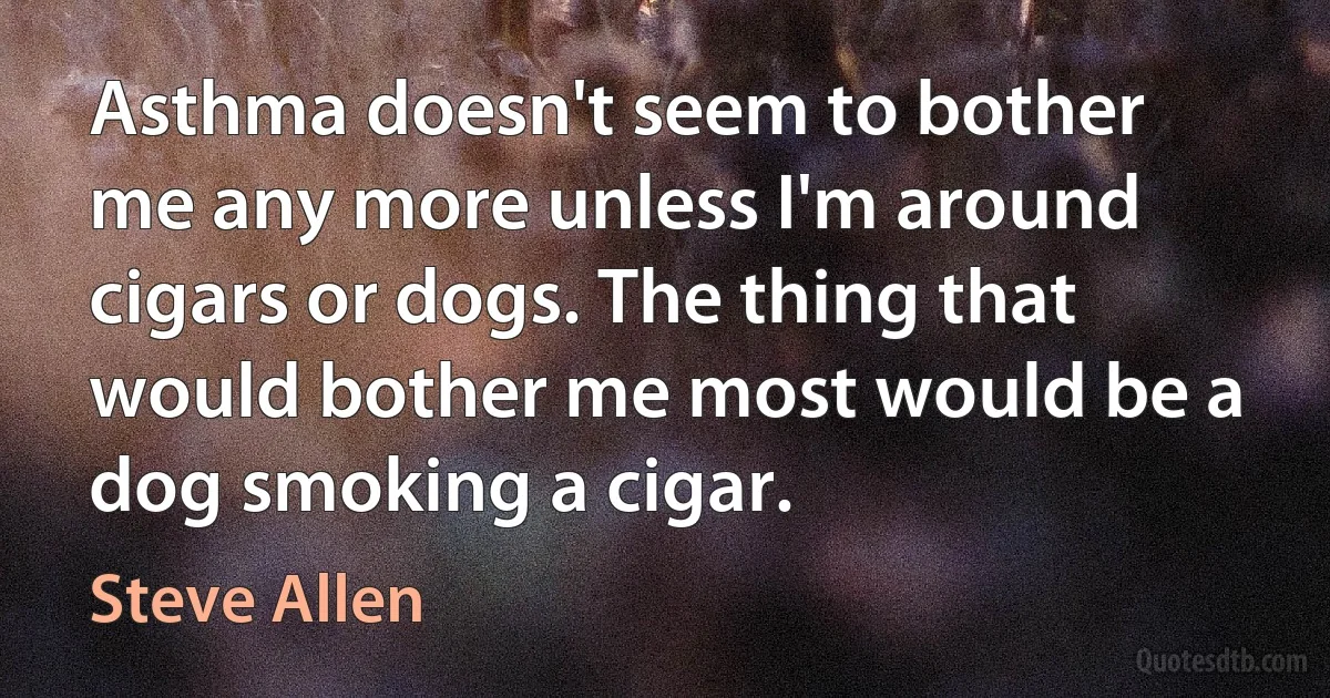 Asthma doesn't seem to bother me any more unless I'm around cigars or dogs. The thing that would bother me most would be a dog smoking a cigar. (Steve Allen)