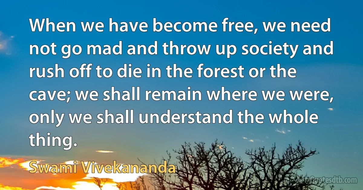 When we have become free, we need not go mad and throw up society and rush off to die in the forest or the cave; we shall remain where we were, only we shall understand the whole thing. (Swami Vivekananda)