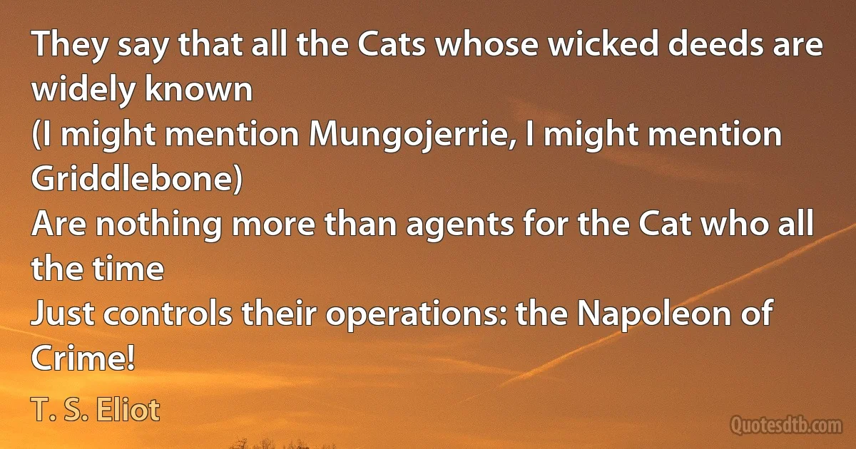 They say that all the Cats whose wicked deeds are widely known
(I might mention Mungojerrie, I might mention Griddlebone)
Are nothing more than agents for the Cat who all the time
Just controls their operations: the Napoleon of Crime! (T. S. Eliot)