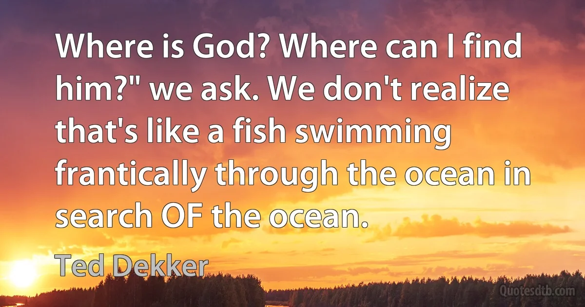 Where is God? Where can I find him?" we ask. We don't realize that's like a fish swimming frantically through the ocean in search OF the ocean. (Ted Dekker)