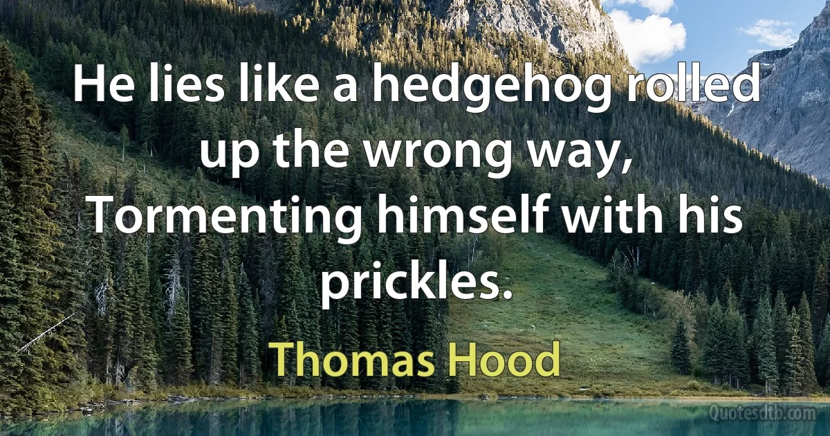 He lies like a hedgehog rolled up the wrong way,
Tormenting himself with his prickles. (Thomas Hood)