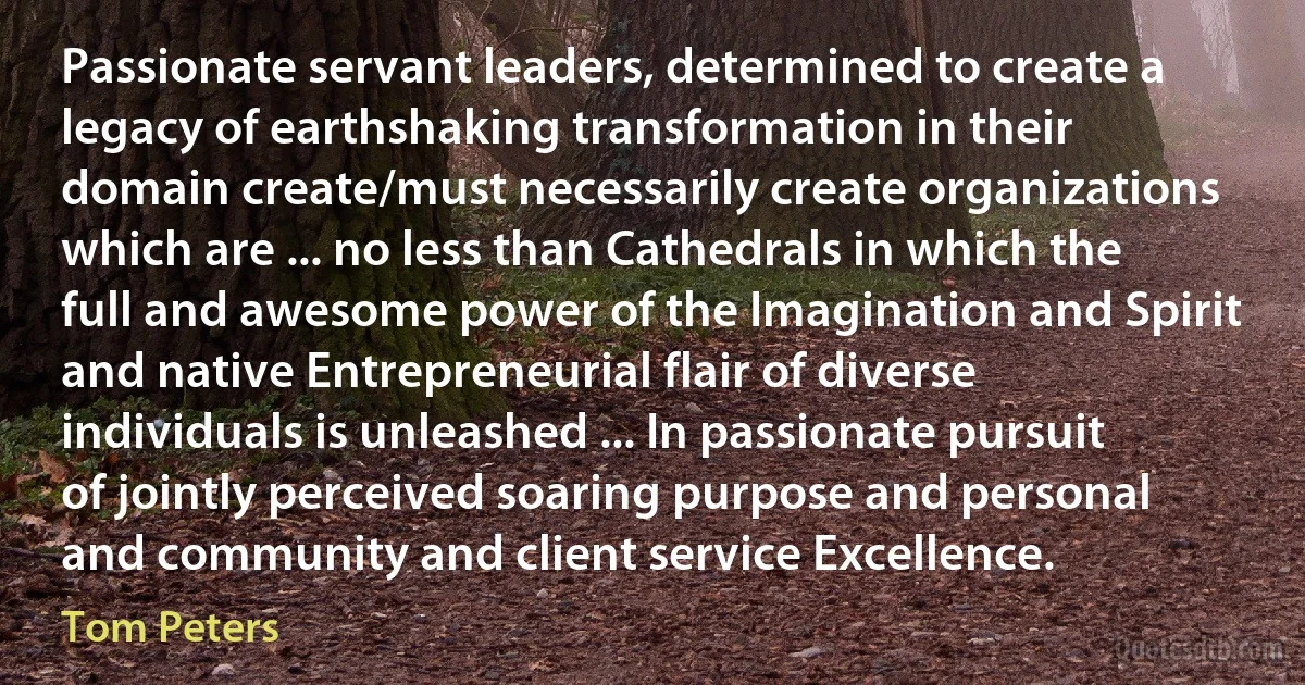 Passionate servant leaders, determined to create a legacy of earthshaking transformation in their domain create/must necessarily create organizations which are ... no less than Cathedrals in which the full and awesome power of the Imagination and Spirit and native Entrepreneurial flair of diverse individuals is unleashed ... In passionate pursuit of jointly perceived soaring purpose and personal and community and client service Excellence. (Tom Peters)