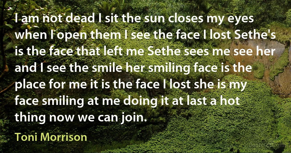 I am not dead I sit the sun closes my eyes when I open them I see the face I lost Sethe's is the face that left me Sethe sees me see her and I see the smile her smiling face is the place for me it is the face I lost she is my face smiling at me doing it at last a hot thing now we can join. (Toni Morrison)