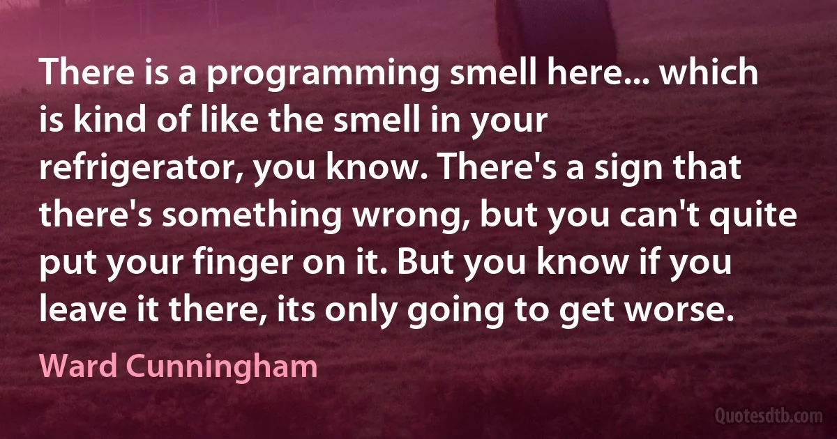 There is a programming smell here... which is kind of like the smell in your refrigerator, you know. There's a sign that there's something wrong, but you can't quite put your finger on it. But you know if you leave it there, its only going to get worse. (Ward Cunningham)