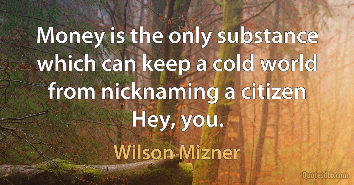 Money is the only substance which can keep a cold world from nicknaming a citizen Hey, you. (Wilson Mizner)