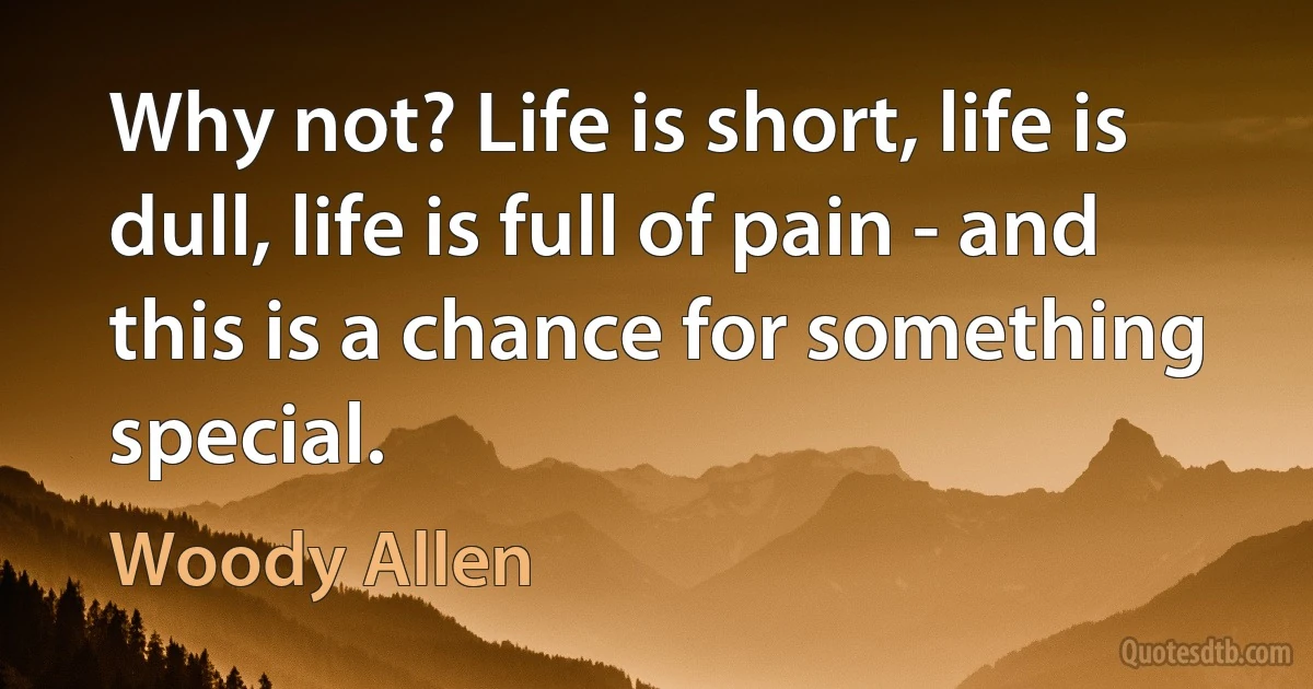 Why not? Life is short, life is dull, life is full of pain - and this is a chance for something special. (Woody Allen)