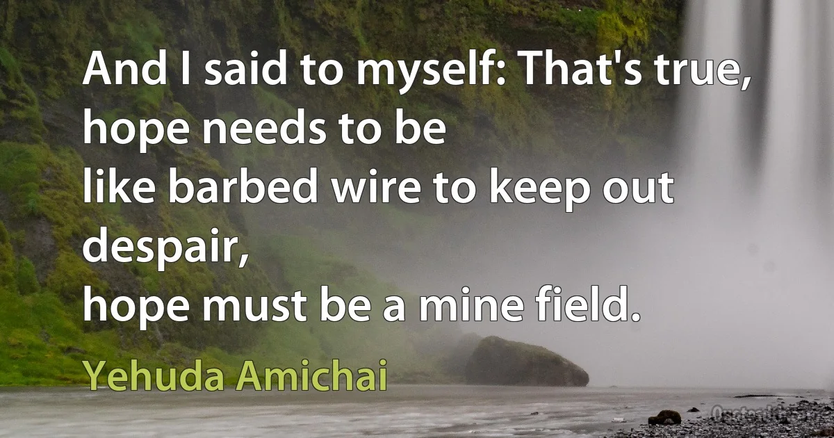 And I said to myself: That's true, hope needs to be
like barbed wire to keep out despair,
hope must be a mine field. (Yehuda Amichai)