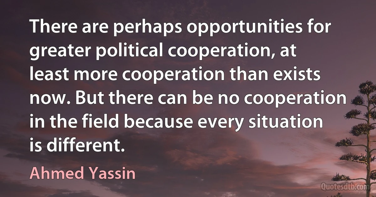 There are perhaps opportunities for greater political cooperation, at least more cooperation than exists now. But there can be no cooperation in the field because every situation is different. (Ahmed Yassin)