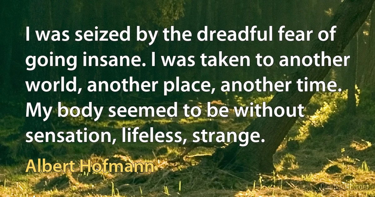 I was seized by the dreadful fear of going insane. I was taken to another world, another place, another time. My body seemed to be without sensation, lifeless, strange. (Albert Hofmann)