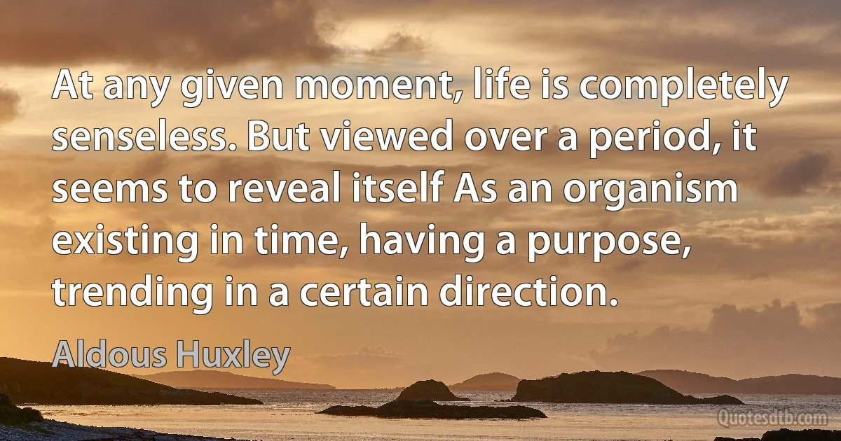 At any given moment, life is completely senseless. But viewed over a period, it seems to reveal itself As an organism existing in time, having a purpose, trending in a certain direction. (Aldous Huxley)