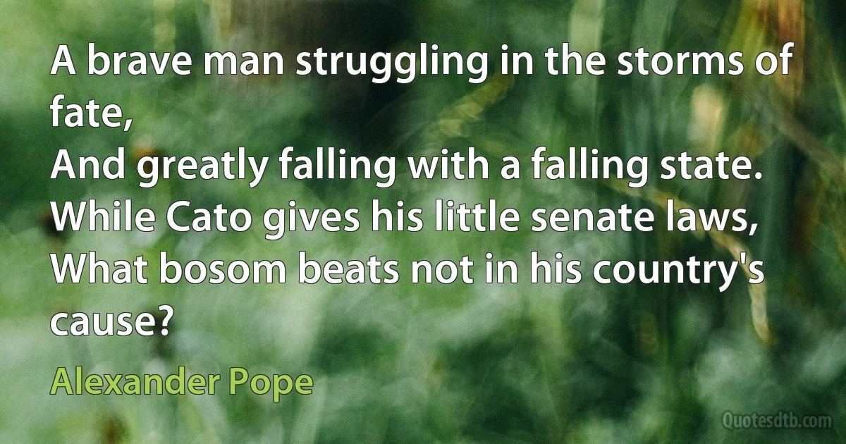 A brave man struggling in the storms of fate,
And greatly falling with a falling state.
While Cato gives his little senate laws,
What bosom beats not in his country's cause? (Alexander Pope)