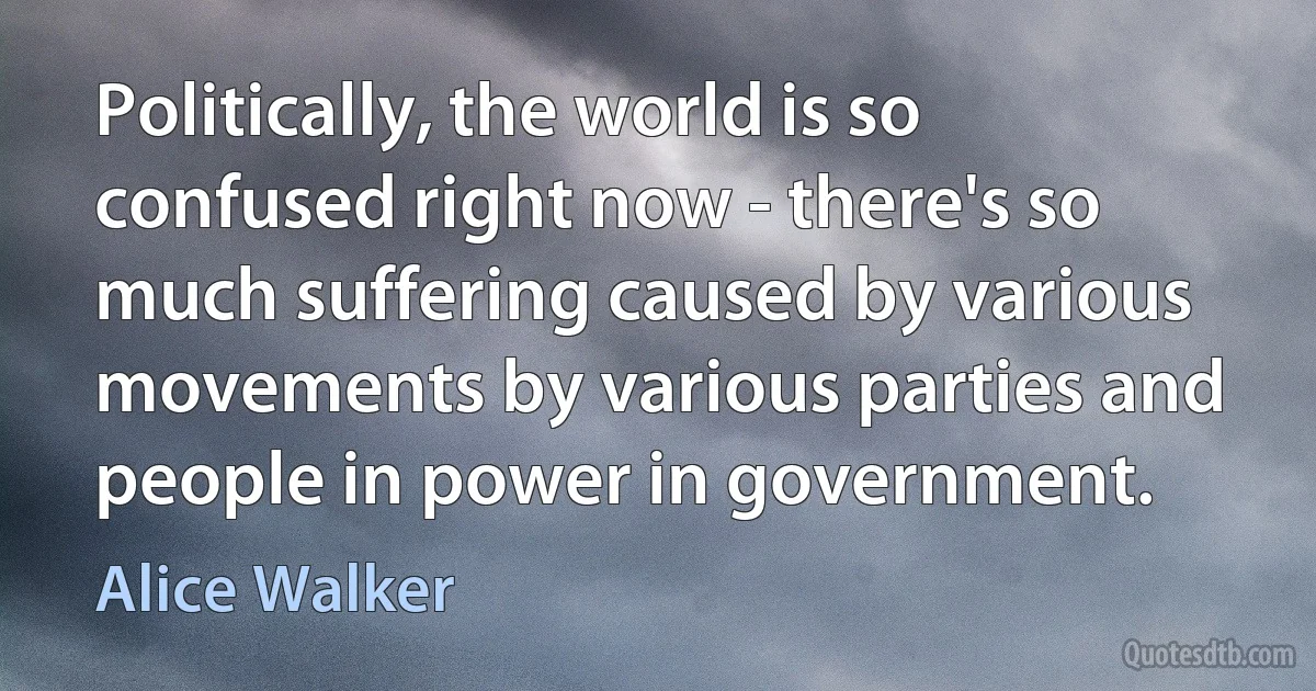 Politically, the world is so confused right now - there's so much suffering caused by various movements by various parties and people in power in government. (Alice Walker)