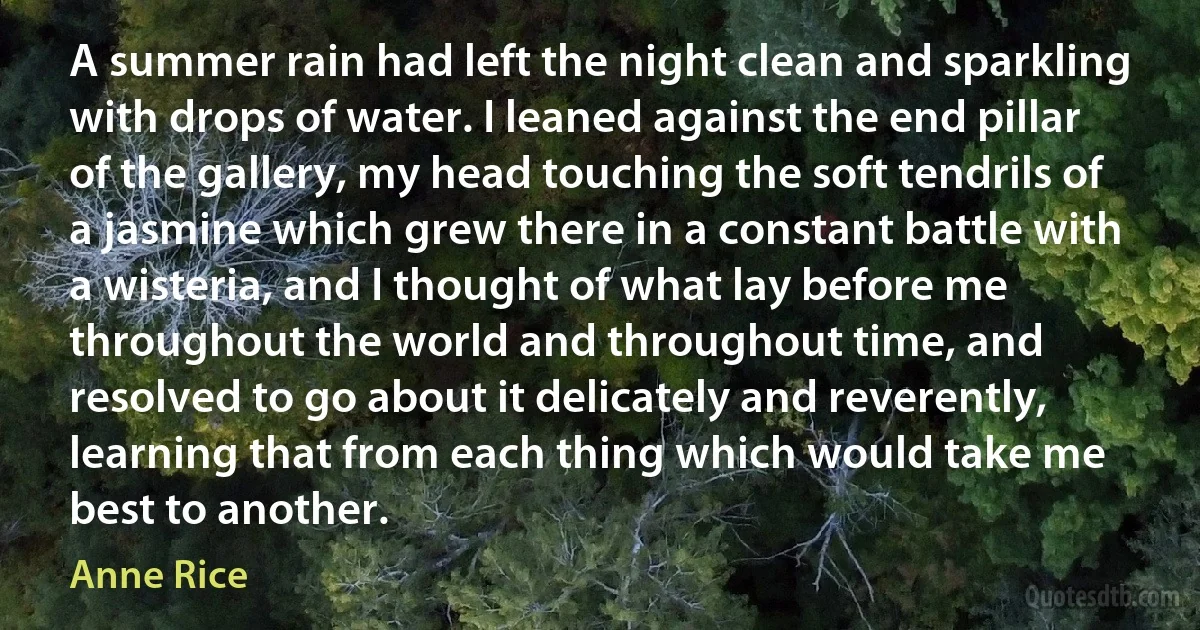 A summer rain had left the night clean and sparkling with drops of water. I leaned against the end pillar of the gallery, my head touching the soft tendrils of a jasmine which grew there in a constant battle with a wisteria, and I thought of what lay before me throughout the world and throughout time, and resolved to go about it delicately and reverently, learning that from each thing which would take me best to another. (Anne Rice)