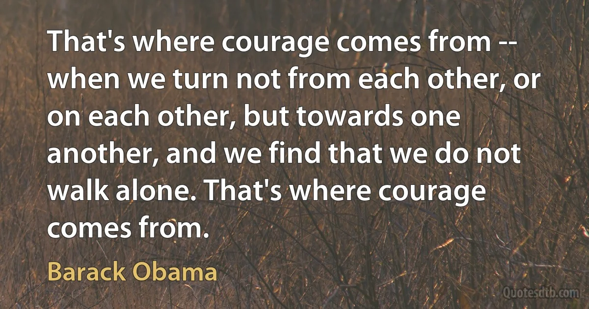 That's where courage comes from -- when we turn not from each other, or on each other, but towards one another, and we find that we do not walk alone. That's where courage comes from. (Barack Obama)