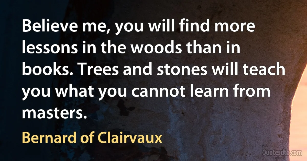 Believe me, you will find more lessons in the woods than in books. Trees and stones will teach you what you cannot learn from masters. (Bernard of Clairvaux)