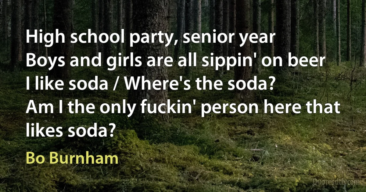 High school party, senior year
Boys and girls are all sippin' on beer
I like soda / Where's the soda?
Am I the only fuckin' person here that likes soda? (Bo Burnham)