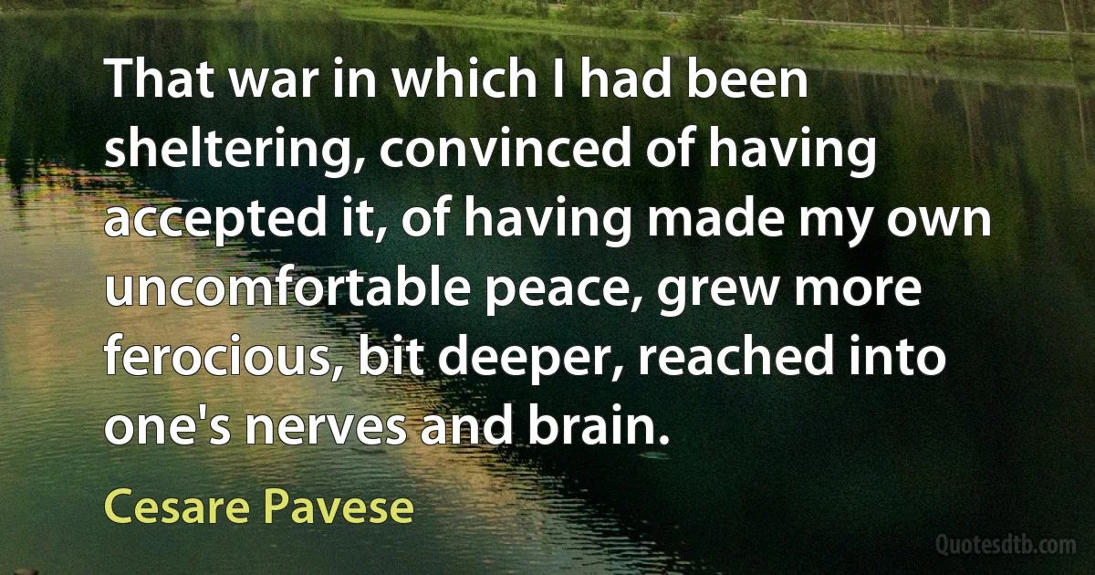 That war in which I had been sheltering, convinced of having accepted it, of having made my own uncomfortable peace, grew more ferocious, bit deeper, reached into one's nerves and brain. (Cesare Pavese)