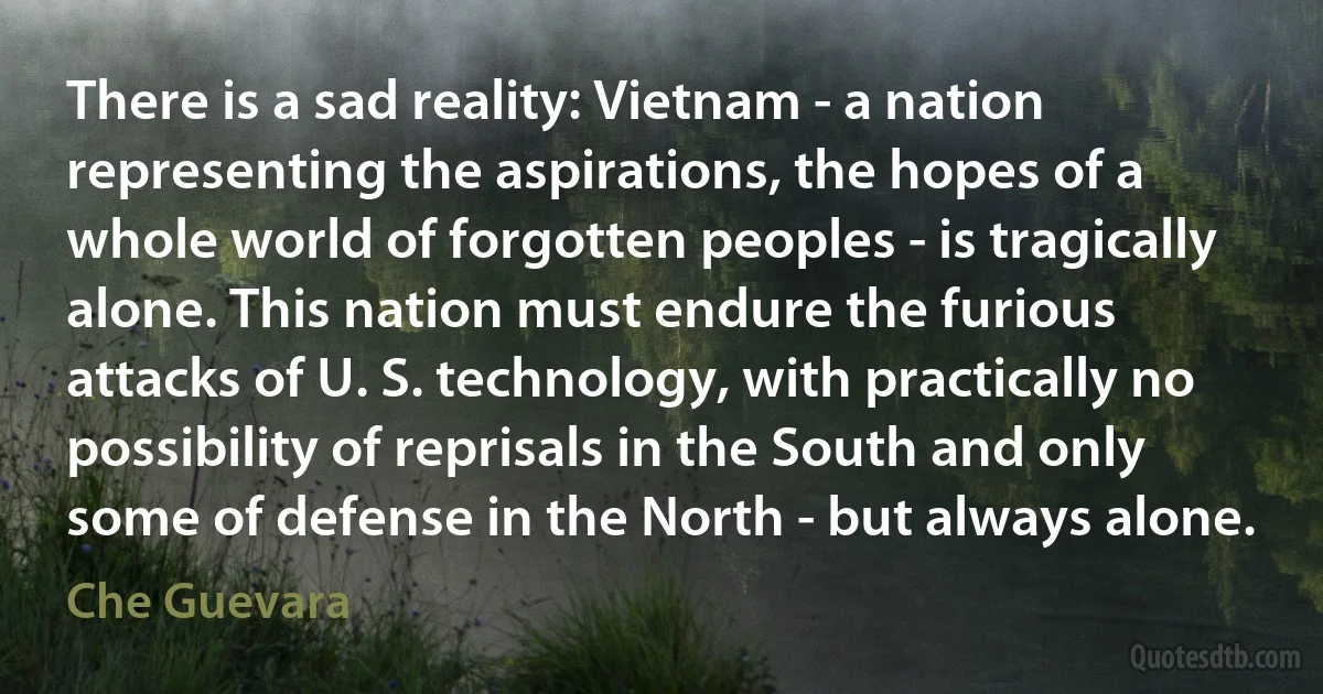 There is a sad reality: Vietnam - a nation representing the aspirations, the hopes of a whole world of forgotten peoples - is tragically alone. This nation must endure the furious attacks of U. S. technology, with practically no possibility of reprisals in the South and only some of defense in the North - but always alone. (Che Guevara)