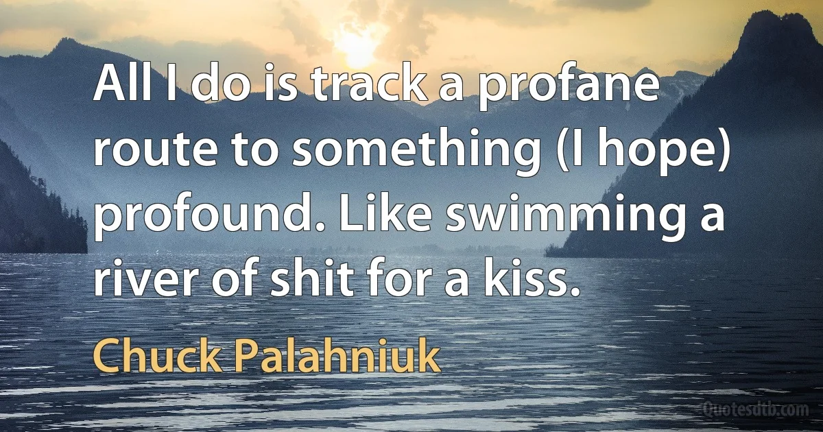 All I do is track a profane route to something (I hope) profound. Like swimming a river of shit for a kiss. (Chuck Palahniuk)