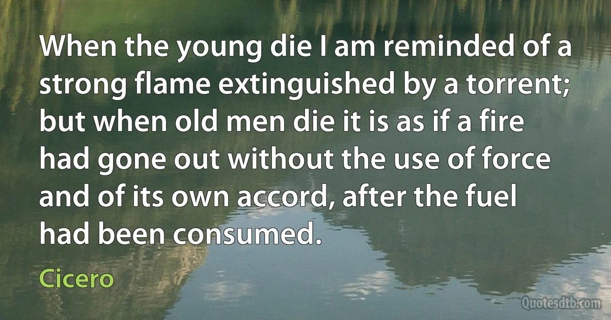 When the young die I am reminded of a strong flame extinguished by a torrent; but when old men die it is as if a fire had gone out without the use of force and of its own accord, after the fuel had been consumed. (Cicero)