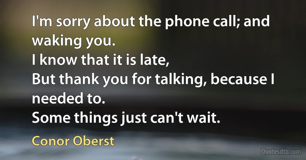 I'm sorry about the phone call; and waking you.
I know that it is late,
But thank you for talking, because I needed to.
Some things just can't wait. (Conor Oberst)