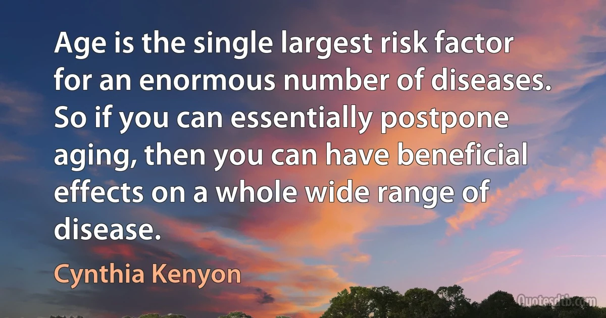 Age is the single largest risk factor for an enormous number of diseases. So if you can essentially postpone aging, then you can have beneficial effects on a whole wide range of disease. (Cynthia Kenyon)