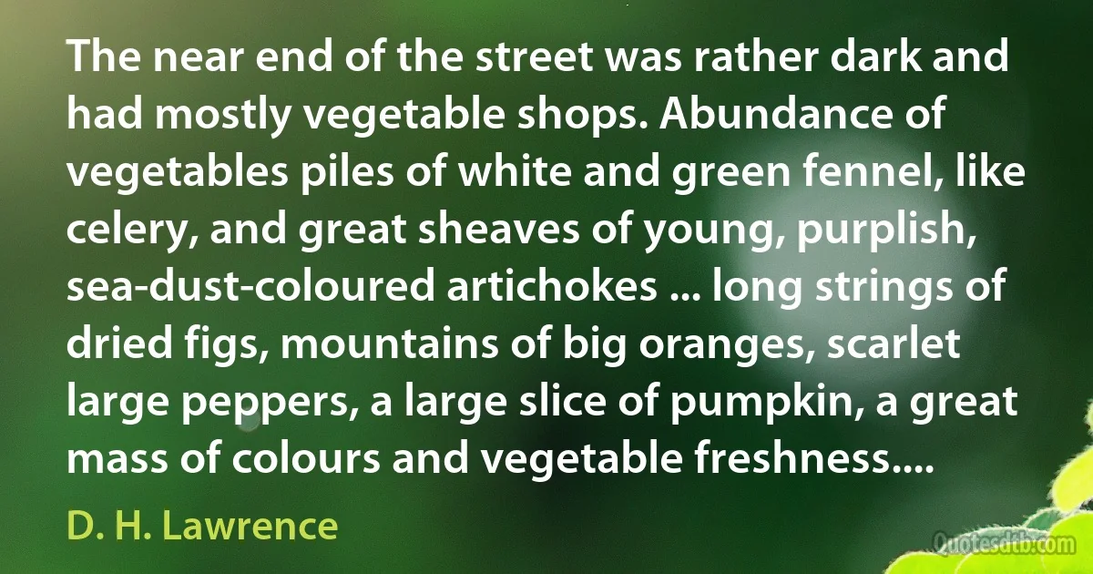 The near end of the street was rather dark and had mostly vegetable shops. Abundance of vegetables piles of white and green fennel, like celery, and great sheaves of young, purplish, sea-dust-coloured artichokes ... long strings of dried figs, mountains of big oranges, scarlet large peppers, a large slice of pumpkin, a great mass of colours and vegetable freshness.... (D. H. Lawrence)