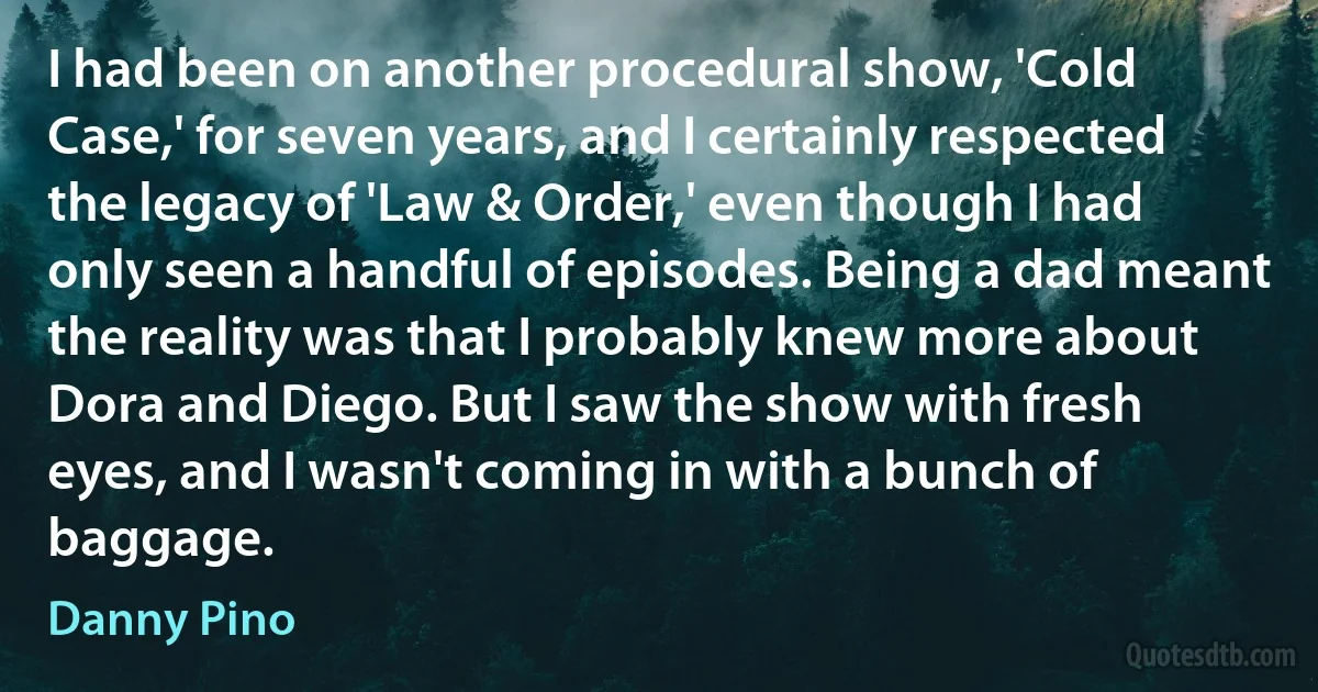 I had been on another procedural show, 'Cold Case,' for seven years, and I certainly respected the legacy of 'Law & Order,' even though I had only seen a handful of episodes. Being a dad meant the reality was that I probably knew more about Dora and Diego. But I saw the show with fresh eyes, and I wasn't coming in with a bunch of baggage. (Danny Pino)