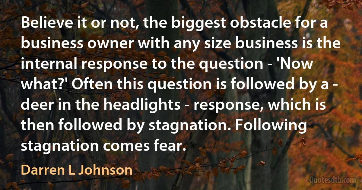 Believe it or not, the biggest obstacle for a business owner with any size business is the internal response to the question - 'Now what?' Often this question is followed by a - deer in the headlights - response, which is then followed by stagnation. Following stagnation comes fear. (Darren L Johnson)